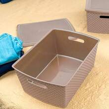 Juego de 3 cestas de almacenamiento de plástico de 22L, contenedores de plástico para la organización del hogar, cajas de plástico, cajas de almacenamiento, almacenamiento multifuncional para varios espacios - Beis - Ver 2