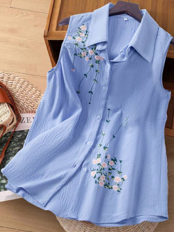 Plus Size Women Fashion Casual Embroidery Vest Blouse