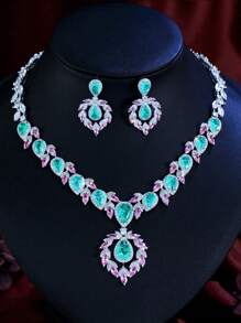 1 set colier și cercei cu zirconiu cubic în formă de lacrimă verde deschis, cu frunze roz, placați cu argint și zircon cubic, pentru femei, nuntă, logodnă, bal, club de noapte, concurs de nuntă