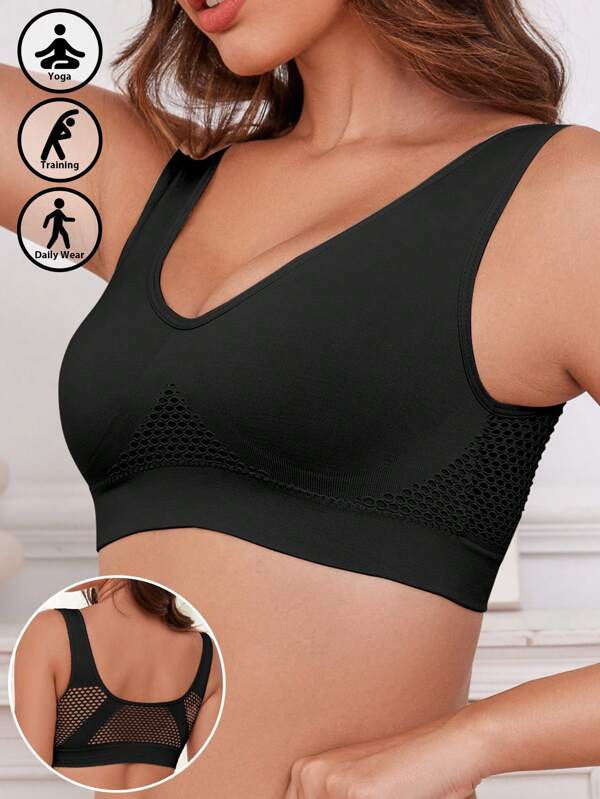 Women EssElegance Wireless Padded Sports Bra, Breathable Mesh, High Elasticity, Suitable For Yoga, Running