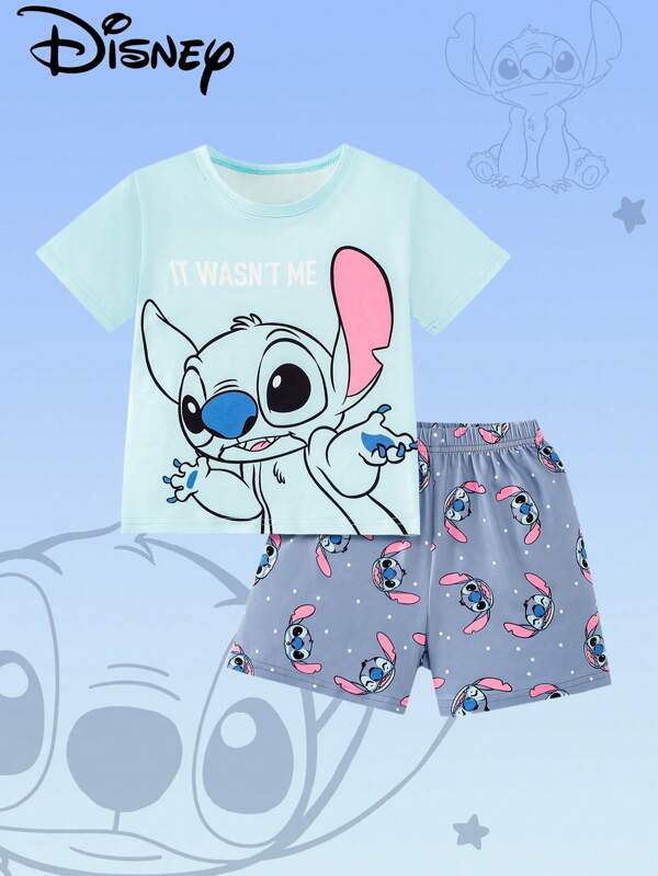Disney Disney Mädchen 2 Stücke Set: Stitch Muster Kurzarm T-Shirt + Shorts, bequeme Loungewear für Kinder, Lässig Schlafanzug