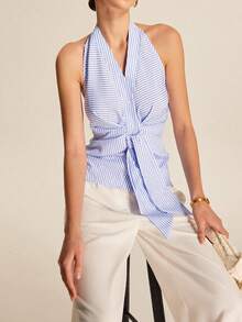 1 Stück Damen gestreiftes gewebtes rückenfreies Bluse mit Knoten-Schleife, asymmetrisch, lässiger Frühlings- und Sommerlook