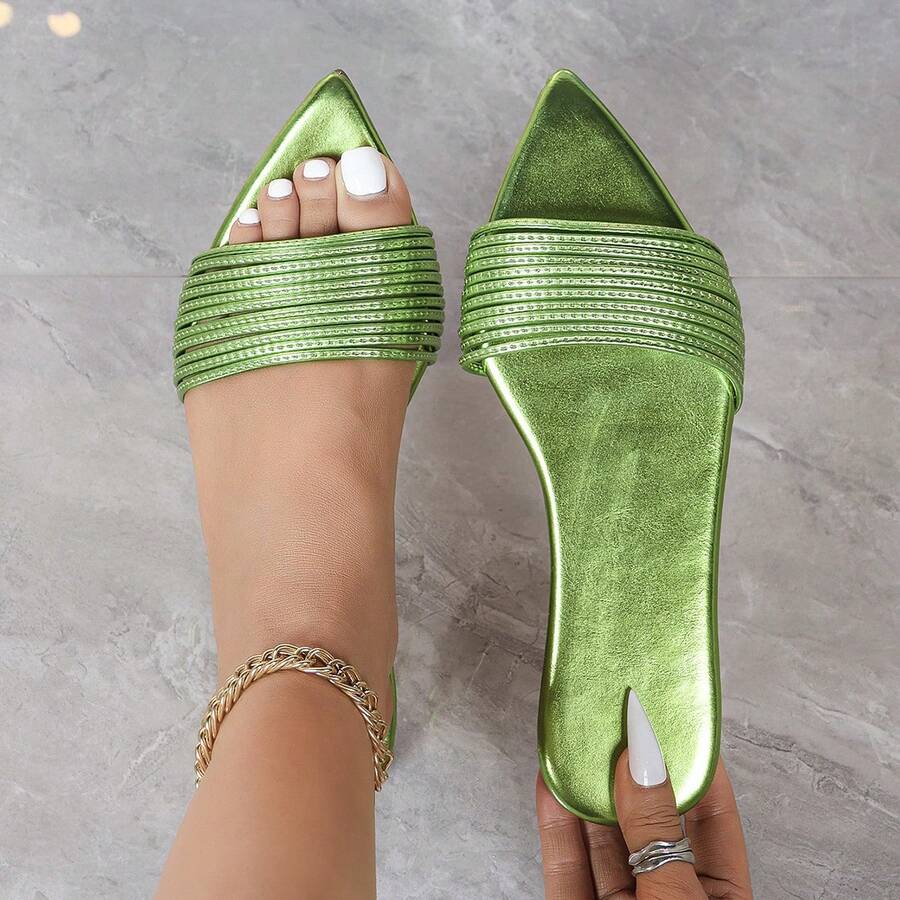 New Versatile Green Strap Patchwork Pointed Toe Flat Sandals Shoes - Green - View 1