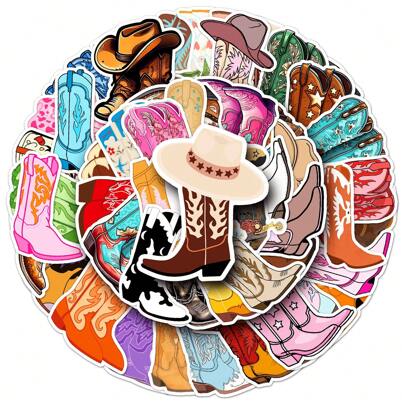 50Pcs Cowboy Stickers Western Stickers Cowboy Boot Stickers Stickers Cool Stickers Stationery Stickers Vinyl Waterproof Stickers For Journaling Computer Scrapbook Luggage Water Bottle Phone