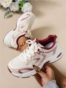 2025 Spring/Summer New Thick Sole Soft Leather Platform Chunky Sneakers, Women Mesh Breathable Running Shoes Casual Sport Shoes - Red - View 1