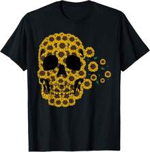 Camiseta esqueleto cute de Halloween con calavera y girasol - Negro - Ver 1