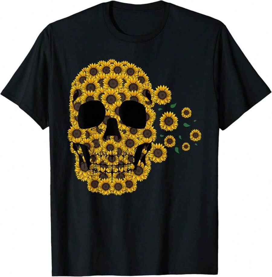Camiseta esqueleto cute de Halloween con calavera y girasol - Negro - Ver 1