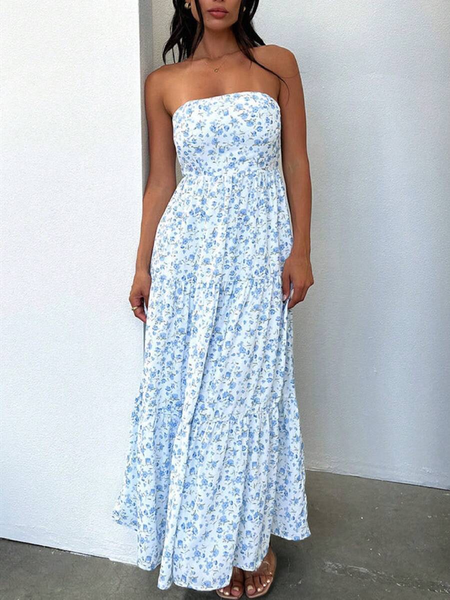 Women Floral Print Maxi Tube Dress Strapless Flowy Long Bandeau Dress Y2K Open Back Sundress Summer Beachwear - Màu xanh lam - Xem 1