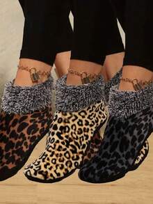 1 Pair Fuzzy Leopard Print Socks, Warm & Comfortable Indoor Floor Slippers Socks, Unisex - Coffee Brown - View 1