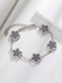 1pc Colorful Shell Inlaid Clover Charm Flower Chain Bracelet, Fashionable & Elegant For Women & Girls