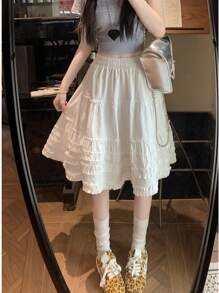 High-Waisted Flowy Ruffle Trim A-Line Skirt, White Casual Versatile Cake Skirt, Summer 2025 Korean Style