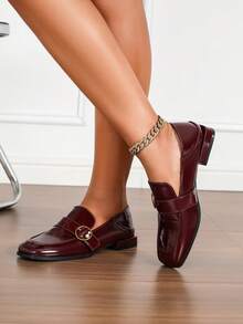 女士平底鞋纯色时尚搭扣乐福鞋，户外穿着，四季皆宜 - 酒紅色 - 查看 4
