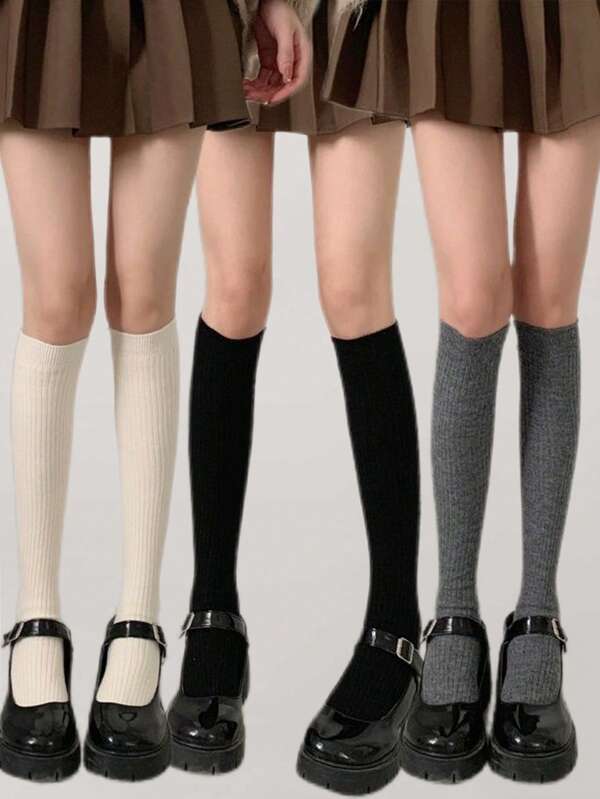 1-3 Pairs Solid Knitted Calf Socks, Simple College Style Knee High Socks, Women's Stockings & Hosiery For Fall & Winter , Y2k