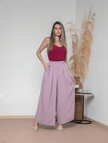 WOMEN'S PANTS, WIDE LEG, HIGH WAIST, VALENTINE'S DAY PANTALONA - Lilac Purple - View 1