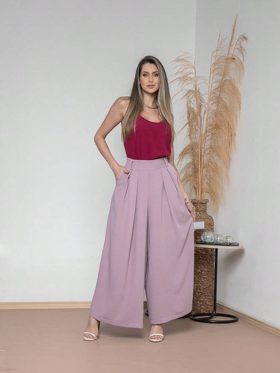 WOMEN'S PANTS, WIDE LEG, HIGH WAIST, VALENTINE'S DAY PANTALONA - Lilac Purple - View 1