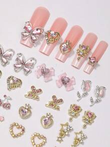 24 Nail Accessories, Y2k Alloy Nail Art Rhinestone Accessories, 3D Heart-Shaped Star Bow Rhinestone Cherry Nail, Gemstone Shiny Jewelry, Nail Decoration Accessories And Supplies