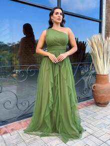LONG PARTY DRESS WEDDING BRIDESMAIDS GRADUATES ONE SHOULDER CASCADE SKIRT GRADUATION - Màu xanh Ô liu - Xem 1