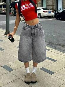 Quần short jean Bermuda ống rộng, túi hông, chất liệu denim mài họa tiết râu mèo kiểu vintage Y2K, quần lửng casual, phong cách lễ hội âm nhạc mùa hè Y2K. - tro chiên - Xem 3