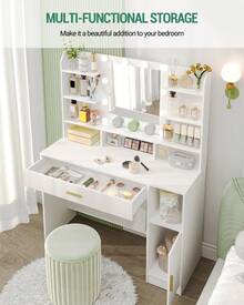 HaluPeit Dressing Table, Large Tabletop With Mirror, LED Light With Adjustable Brightness, Organiser Drawers And Storage Cabinets, Open Shelves, For Bedroom, Cloakroom, White - White - View 6