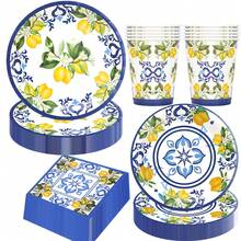 10件/20件/50件卡普里柠檬派对盘子用品蓝色瓷砖黄色柠檬派对餐具装饰夏季柑橘水果一次性纸盘餐巾杯适用于夏季节日生日新娘送礼会派对装饰 - 彩色 - 查看 4
