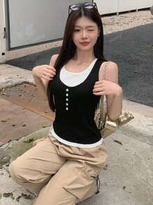 Contrast Color 2 In 1 Camisole Vest Women, Casual Versatile Sleeveless Knit Top For Summer