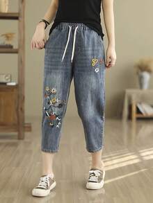 Bohemia Fashion Flowers Embroidered Tapered Jeans - Thin And Breathable, Ripped Holes, High Waisted, Women's Loose Fit Cropped Pants For Summer - 藏蓝色 - 查看 3