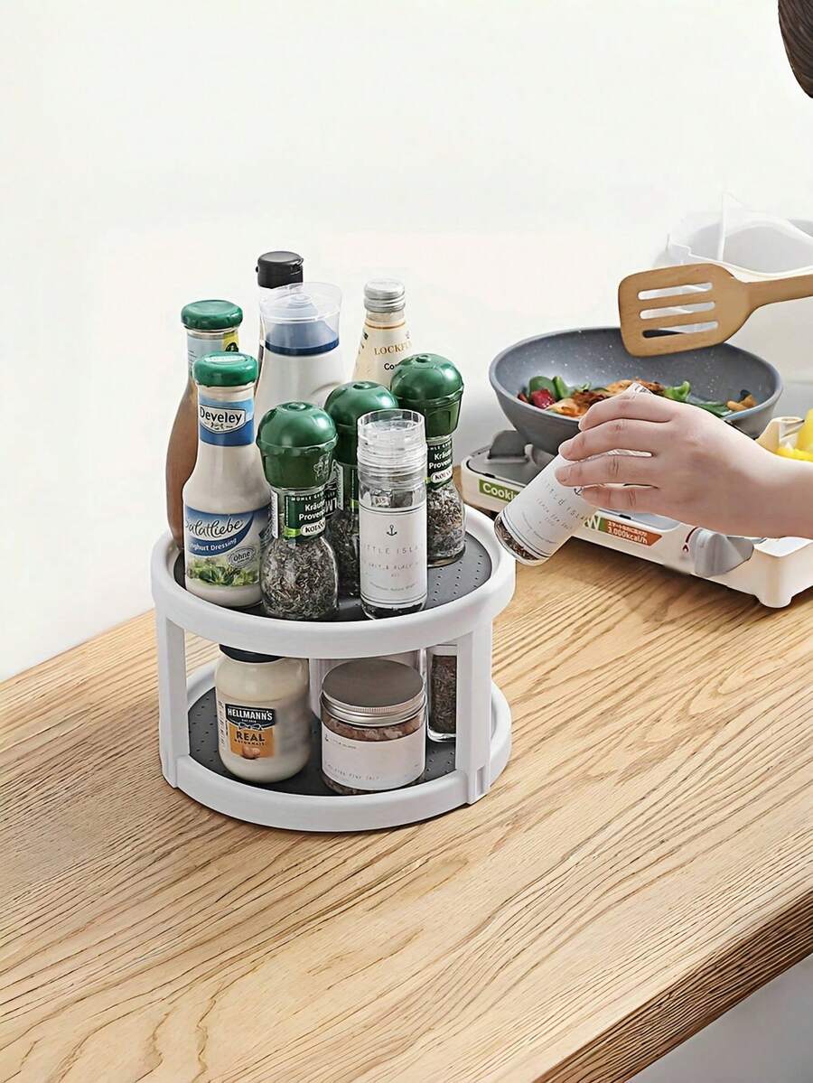 360 ° Rotating Anti Slip Wide Base Spice Rack Storage - Space Saving White Plastic Turntable, Suitable For Kitchen Cabinets, Perfect For Storing Seasonings, Cans, And Bottles, Spice Can Tray, Kitchen Bathroom Living Room Desktop Storage Tray, Rotatable Desktop Storage Tray