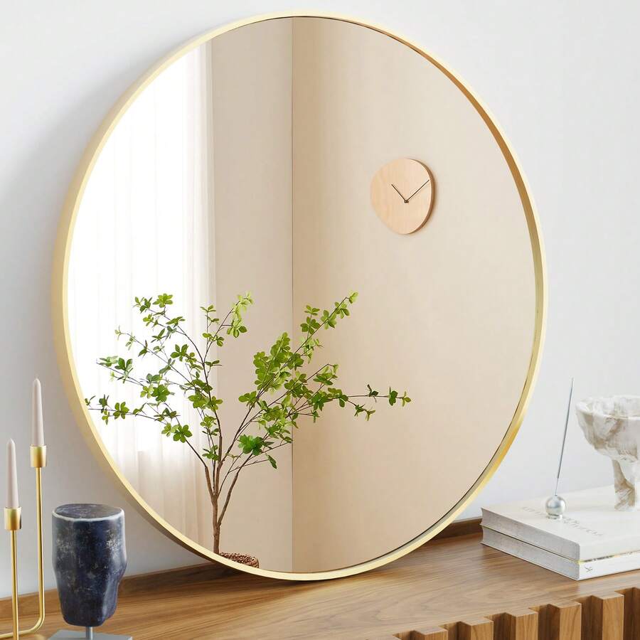 Round Mirror, Round Bathroom Mirror For Over Sink, Black Metal Frame Round Wall Mirror, Circle Mirrors For Wall, Bathroom Vanity Mirror, Decorative Mirrors For Living Room, Bedroom, Entryway - 金色/24 - 查看 1
