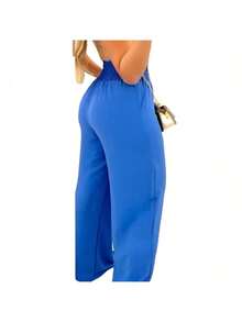 Women's High Waist Wide Leg Pants With Pocket - Royal Blue - View 3