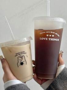 1/2pcs 700ml Or 470ml PP Coffee Cup, Portable Cartoon Straw Cup, Ice Caffe Americano Cup, Couple Water Bottle Back To School