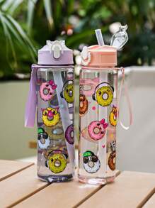 1pc 700ml/23oz Cartoon Donut Pattern Plastic Water Bottle, Children Plastic Water Cup With Lid, Lockable Design, Lanyard, Portable For School, Outdoor Sports, Camping, Picnic