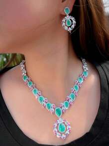 1 set colier și cercei cu zirconiu cubic în formă de lacrimă verde deschis, cu frunze roz, placați cu argint și zircon cubic, pentru femei, nuntă, logodnă, bal, club de noapte, concurs de nuntă