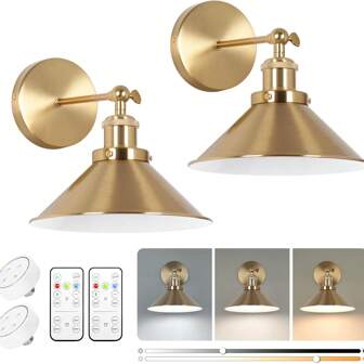 金色/黑色电池供电壁灯，复古壁灯电池供电壁灯具农舍无线壁灯1件套，带遥控器可调节，适用于卧室工业走廊