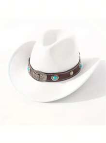 1pc Unisex Western Cowboy Hat With Removable Turquoise Bead Silver Cow Decor Band, Suitable For Party Gathering And Daily Wear