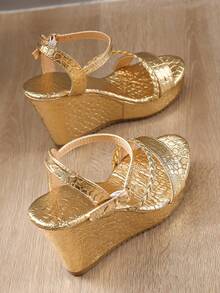 New Round Toe Beach High Heels, Solid Color Bohemian Fashion Woven Texture Metallic Women Shoes,Suitable For Vacation/Outdoor, All Season - Gold - View 2