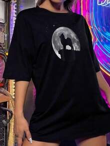 Camiseta gráfica de Pomerania negra para mujer aullando a la luna - Regalo único para mamás de perros, camiseta informal de cuello redondo y manga corta para amantes de cachorros en oferta - Negro - Ver 2