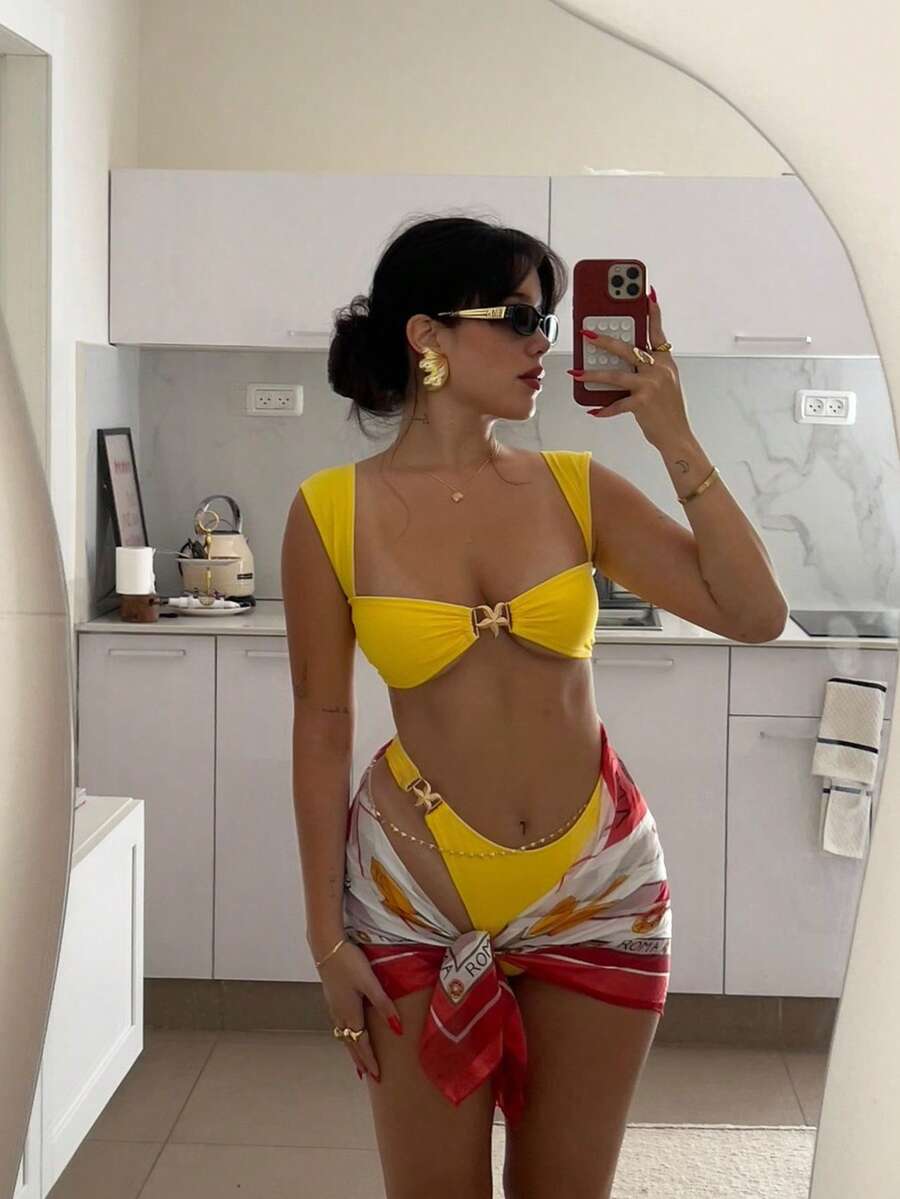 女士优雅纯色系带两件套，海星装饰设计，适合圣诞节、海滩派对等场合。2026夏季女士沙滩装，夏季度假黄色比基尼套装 - 黃色 - 查看 1