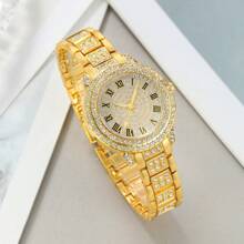 Relógio feminino moderno com 6 peças, escala romana, mostrador, strass, quartzo, ponteiros redondos, relógios femininos e acessórios de joias, colar, pulseira, brincos, conjunto de anéis, festa, casamento, presente, praia, férias, presente de dia dos namorados