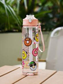1pc 700ml/23oz Cartoon Donut Pattern Plastic Water Bottle, Children Plastic Water Cup With Lid, Lockable Design, Lanyard, Portable For School, Outdoor Sports, Camping, Picnic