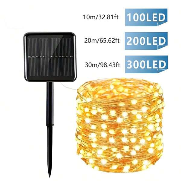 Cordão de luzes LED com fio de cobre e energia solar - 100/200/300 LEDs, multicolorido, branco quente, luzes de fadas para áreas externas, para jardim, pátio, Natal, casamento, cintilante, sensor de toque, iluminação externa com energia solar