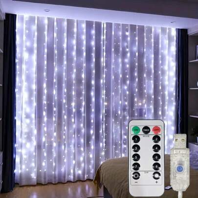1pc Window Curtain Lights With LED Fairy String Light, 8 Lighting Modes, Remote Control, USB Powered, Suitable For Bedroom, Indoor Decor For Christmas, Party, Wedding, Holiday