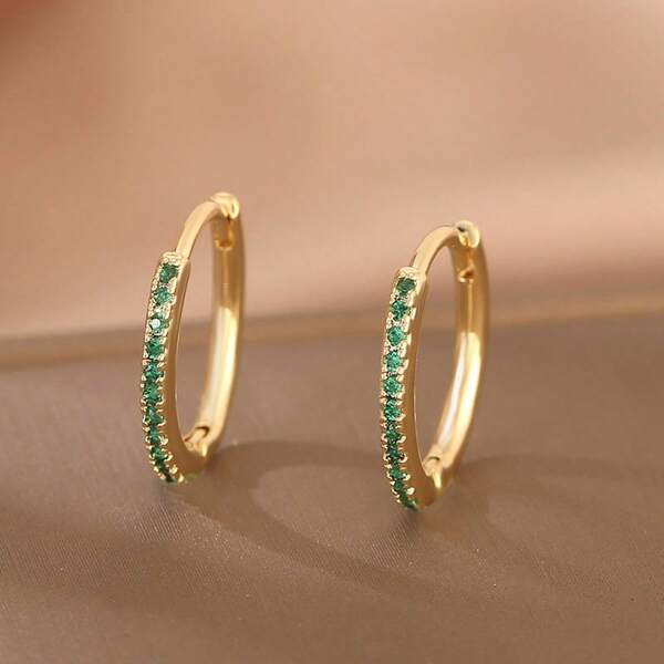 1 par de pendientes de aro redondos con marco de cobre y piedra de zirconia verde, un regalo de lujo a la moda para una cita