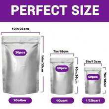 100 Mylar Bags For Food Storage - 10 Mil 1 Gallon (30pc), 8 Mil 1 Quart (30pcs), 6 Mil 1/2 Pint (40pc), Stand Up Resealable Mylar Bags - 銀色 - 查看 2
