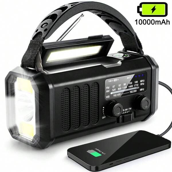 10000mAh Emergency Radio, Solar Radio, Hand Crank Radio, NOAA AM FM Weather Radio, 3 Charging Methods, Polymer Battery, Flashlight & Reading Lamp, SOS Alarm, Phone Charger For Emergency