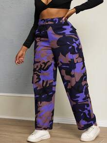 大码女式休闲百搭迷彩口袋工装裤 春季款 - 紫色 - 查看 2