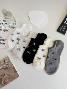 5 Pairs Women's Sweet Bow Knot Simple Boat Socks Invisible Socks Suitable For Spring&Summer - Multicolor - View 2