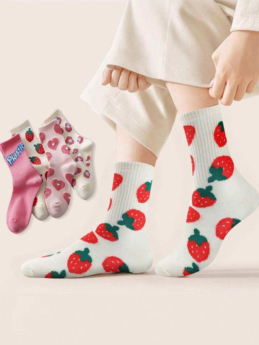 4 Pairs Women's Fashion Versatile Letter, Heart, Strawberry Patterned Crew Socks, Cute & - Multicolor - View 1