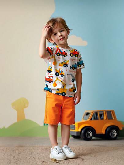4-8Y Boys Excavator Print T-Shirt And Shorts Set - Cute Summer Outfit For Play, School Or Birthday