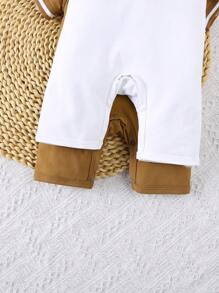 2 piezas Conjunto de pelele de manga corta con cuello tipo polo y estampado de dinosaurios para niños pequeños, para verano