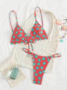 Set de 2 piezas Traje de baño de mujer con estampado floral y diseño de cordones en la espalda, para vacaciones, playa, escenarios, conciertos, verano - Multicolor - Ver 2